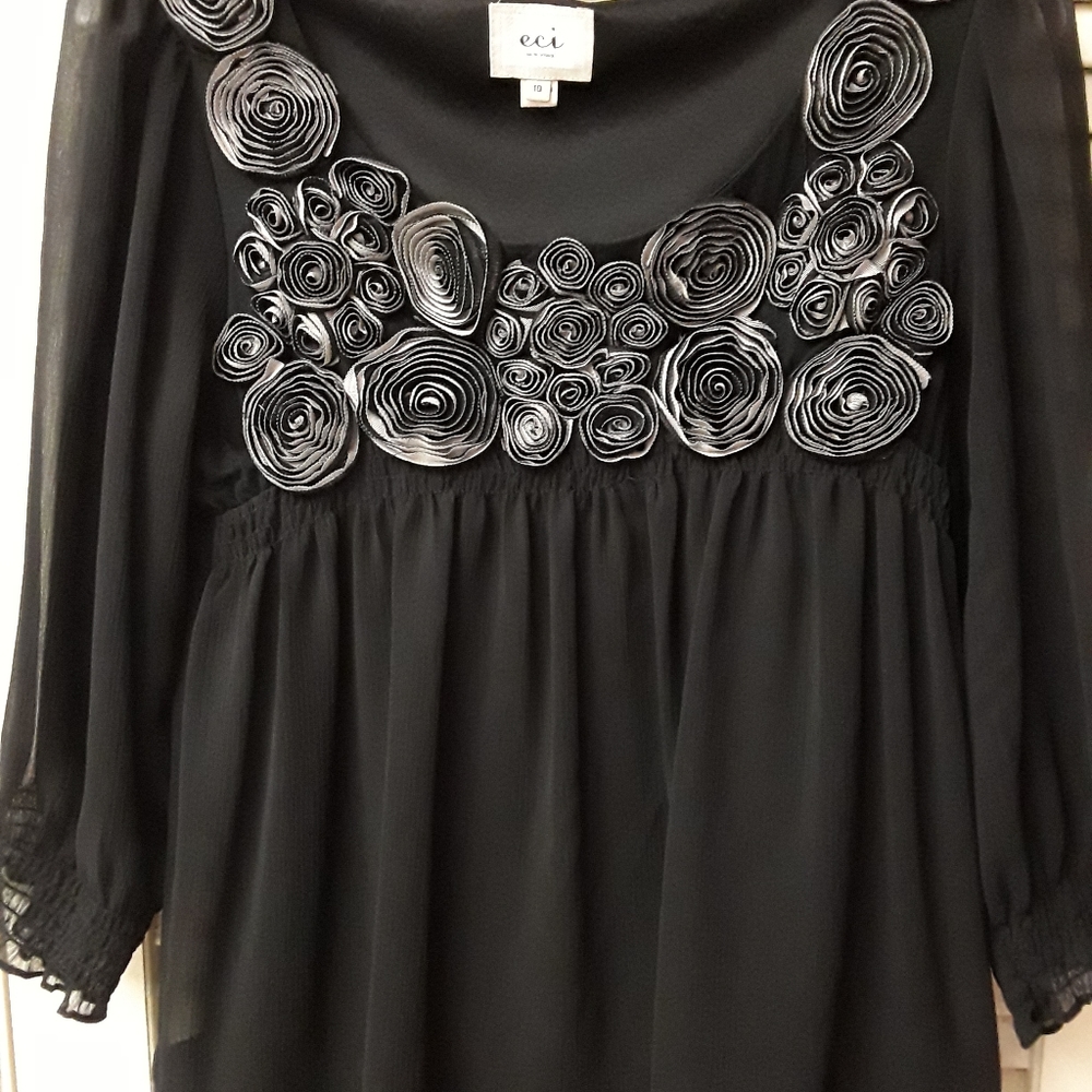 Eci New York Boho Black Floral Flowy Top 10